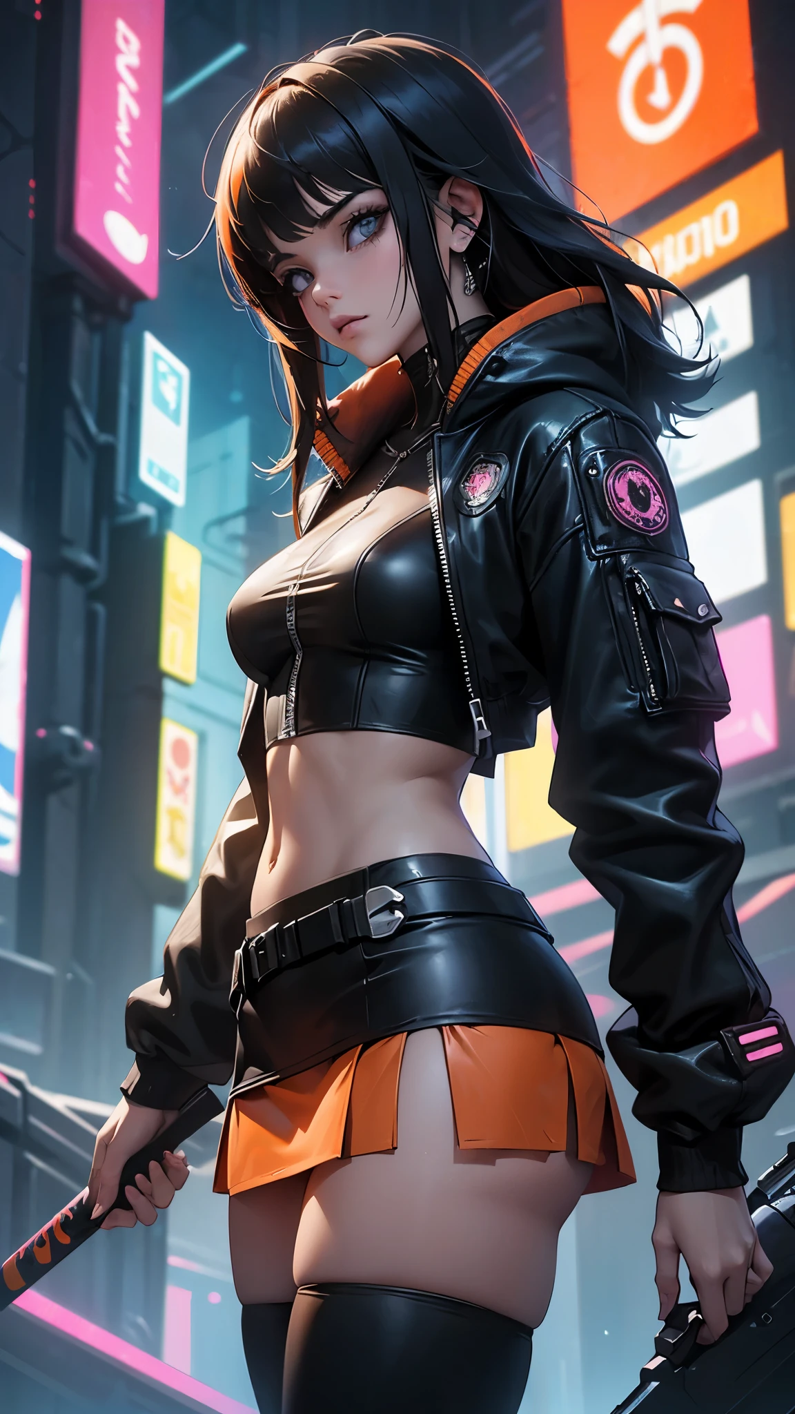 (artwork, Best Quality, 8k, Sharp focus, depth of field, the best shadows, perfect lights, HdR, realistic skin texture, hyper detailed background), anime style, long angle shot, ((Cyberpunk theme)), Alone, 1 woman, She is a mercenary, (green eyes, White skin, Black hair with ponytail., choker, small breasts, delgado, Inventory, eyeliner, mirror), He is doing a job in a futuristic Korean city, holding a Tech-katana with a strong grip, evening, sky, waning moon, wearing a technical jacket and leather pants. (cyberpunk Cybersamurai :1.4), (miniskirt neon orange:1.4) 