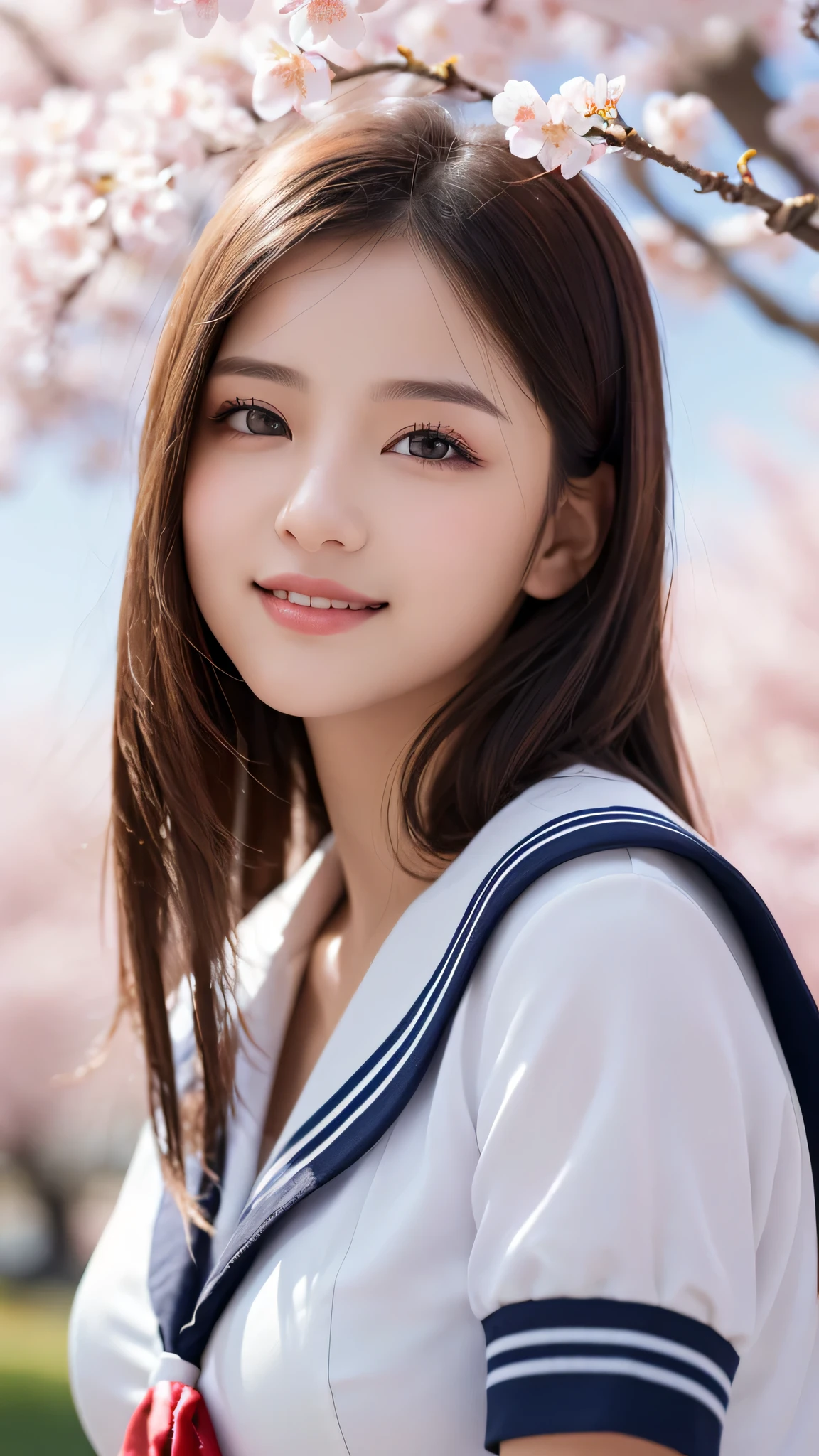 1girl, (Ultra realistic), (highly detailed eyes, highly detailed hair, highly detailed face, highly detailed plump lips), (sailor uniform, school uniform), breasts, caute smile, (best quality:1.4), Raw photo, (Ultra realistic), (photo-realistic:1.4), professional photography, cinematic light, depth of fields, cherry blossom trees, Spring, sunny skies,