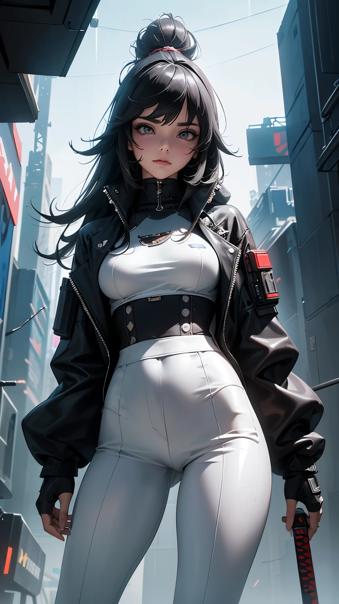 (artwork, Best Quality, 8k, Sharp focus, depth of field, the best shadows, perfect lights, HdR, realistic skin texture, hyper detailed background), anime style, long angle shot, ((Cyberpunk theme)), Alone, 1 woman, She is a mercenary, (green eyes, White skin, Black hair with ponytail., choker, small breasts, delgado, Inventory, eyeliner, mirror), He is doing a job in a futuristic Korean city, holding a Tech-katana with a strong grip, evening, sky, waning moon, wearing a technical jacket and white leather pants. (cyberpunk Cybersamurai :1.4),  (white gray hair:1.4) 