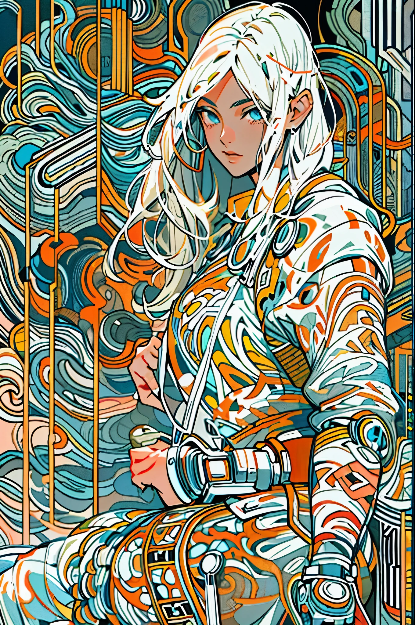 1monk warrior girl with white techwear clothes, white long hair, laces, abstract vintage scifi background, art by Moebius, art by Ashley Wood