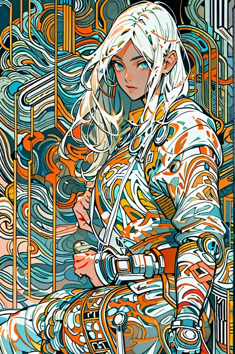 1monk warrior girl with white techwear clothes, white long hair, laces, abstract vintage scifi background, art by Moebius, art b...