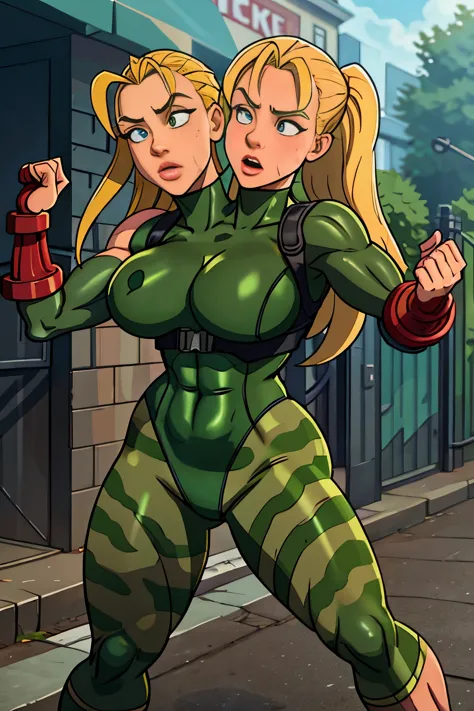 masterpiece, best quality, , blonde hair, outdoor, action shot,whole body, ((Cammy)) Cammy of street fighter. good hands, big breasts, sweaty skin, cammy white.((2heads)), conjoined dicephalus,very wet skin, doing a split, wearing cammo outfit