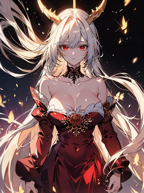 Daughter of Lucifer, big horns, extremely reddish eyes, hair as white as snow, long hair, is biting her lips, long red nails, (((seductive body, small breasts, big ass, big muscular thighs, in a dark place with a red tone))), corpo inteiro, {paper wallpape...