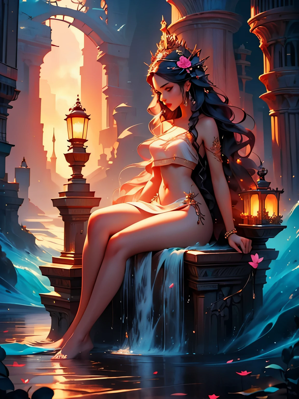 une peinture d&#39;une femme aux longs cheveux ondulés, t-shirt avec motif plumeria, art numérique inspiré par Cyril Rolando, Tendances dans la société CG, fantaisie d&#39;art numérique, coloré digital fantasy art, merveilleux art numérique, bel art UHD 4 K, illustration numérique exquise, chef-d&#39;œuvre, Photo du corps entier, Cheveux noirs et bruns, cheveux longs de style afro, De la vraie eau, se baigner dans un étang de rivière, art extrêmement détaillé, rougir, eau qui coule le long du corps, petits seins, jambes ouvertes, excitation sexuelle, expression sexuelle, peau brillante, complexe, élégant and très détaillé digital photography, tableau majestueux et surréaliste, filigrane papillon doré, de beaux yeux finement détaillés: 1.2), hdr, (chef-d&#39;œuvre), meilleure qualité, yeux expressifs regardant du coin de l’œil, visage parfait, portrait d&#39;une belle déesse aux cheveux afro, cheveux longs en tresses et afro, peau brune latine, complexe digital photography, élégant, très détaillé,(fenêtre d&#39;arrière-plan détaillée vers une nouvelle dimension, plantes et fleurs: 0.7) ciel nocturne avec pleine lune, très détaillé face and body, éclairage cinématographique, photoréaliste, 1 fille, 18 ans, yeux marron foncé, gros yeux, Lèvres roses, chatte chauve, bien éclairé, beau et esthétique: 1.2), (art fractal: 1.3), coloré, belle déesse émergeant de l&#39;océan, corps féminin complet, vagues sauvages, Grandes vagues, tatouages de mandalas orientaux, des robes transparentes fusionnées dans la mer, ciel orageux, Ciel coucher de soleil, nuages d&#39;orage rouge, temple antique flottant dans la mer, vieille horloge flottante, lampe, lanterne, belle fille avec un léger sourire, forêt, fleurs et roses, vagin visible, Pas de culotte, ((Assis sur un piédestal en marbre)), vue de face, la magie, Le monde du Seigneur des Anneaux, cascade, mandala and flower tattoos on corps nu, orteils immergés dans l&#39;eau, ciel généralement nuageux (très détaillé CG unity 8K wallpaper), seins exposés, nus,, corps nu,chel, une peinture d&#39;une femme aux longs cheveux ondulés