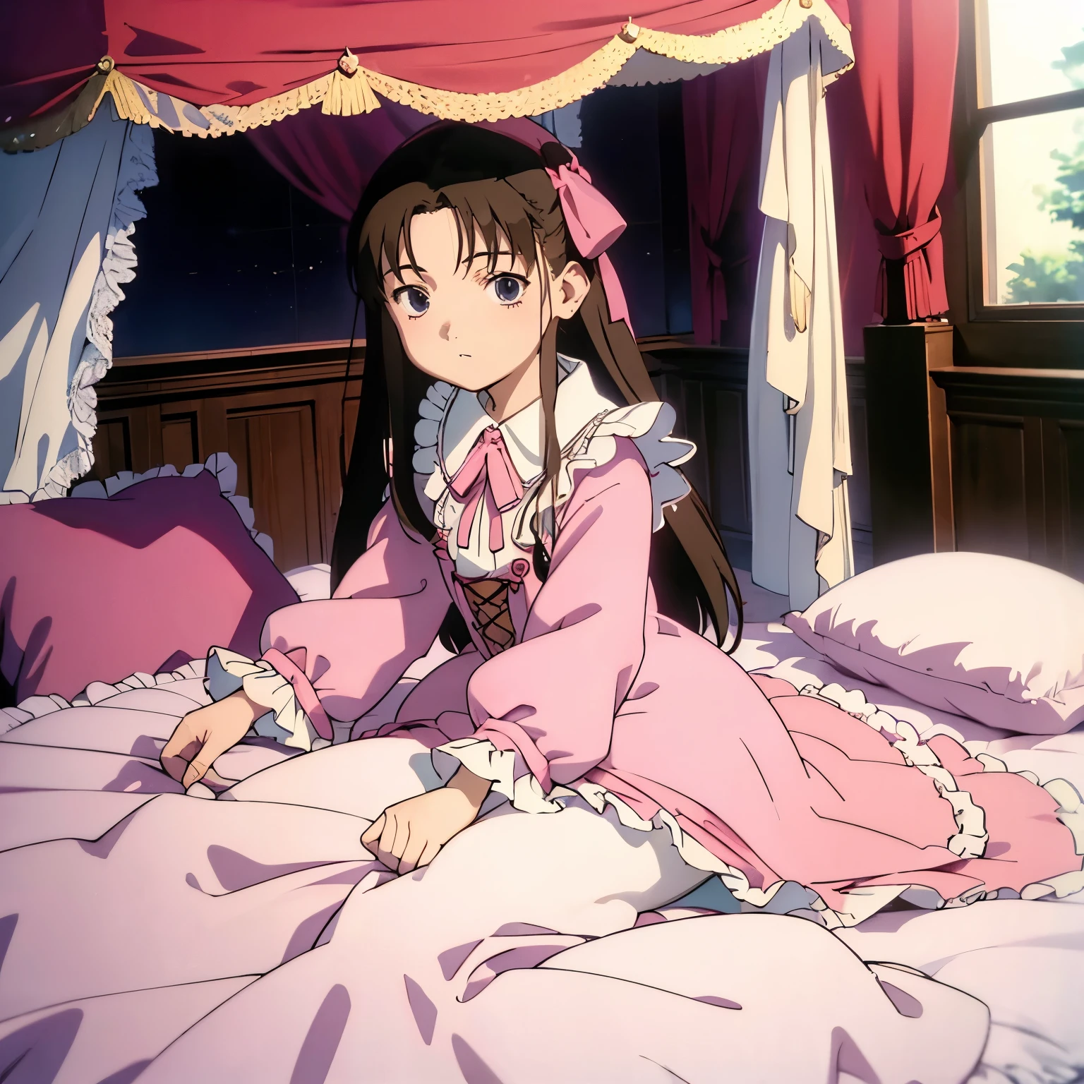 Chica anime con vestido rosa acostada en la cama con sábanas rosas - SeaArt  AI