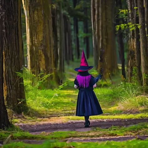 a little witch, wearing a bag, and wearing a witch's hat walks through a dark forest, in the middle there is a bright book