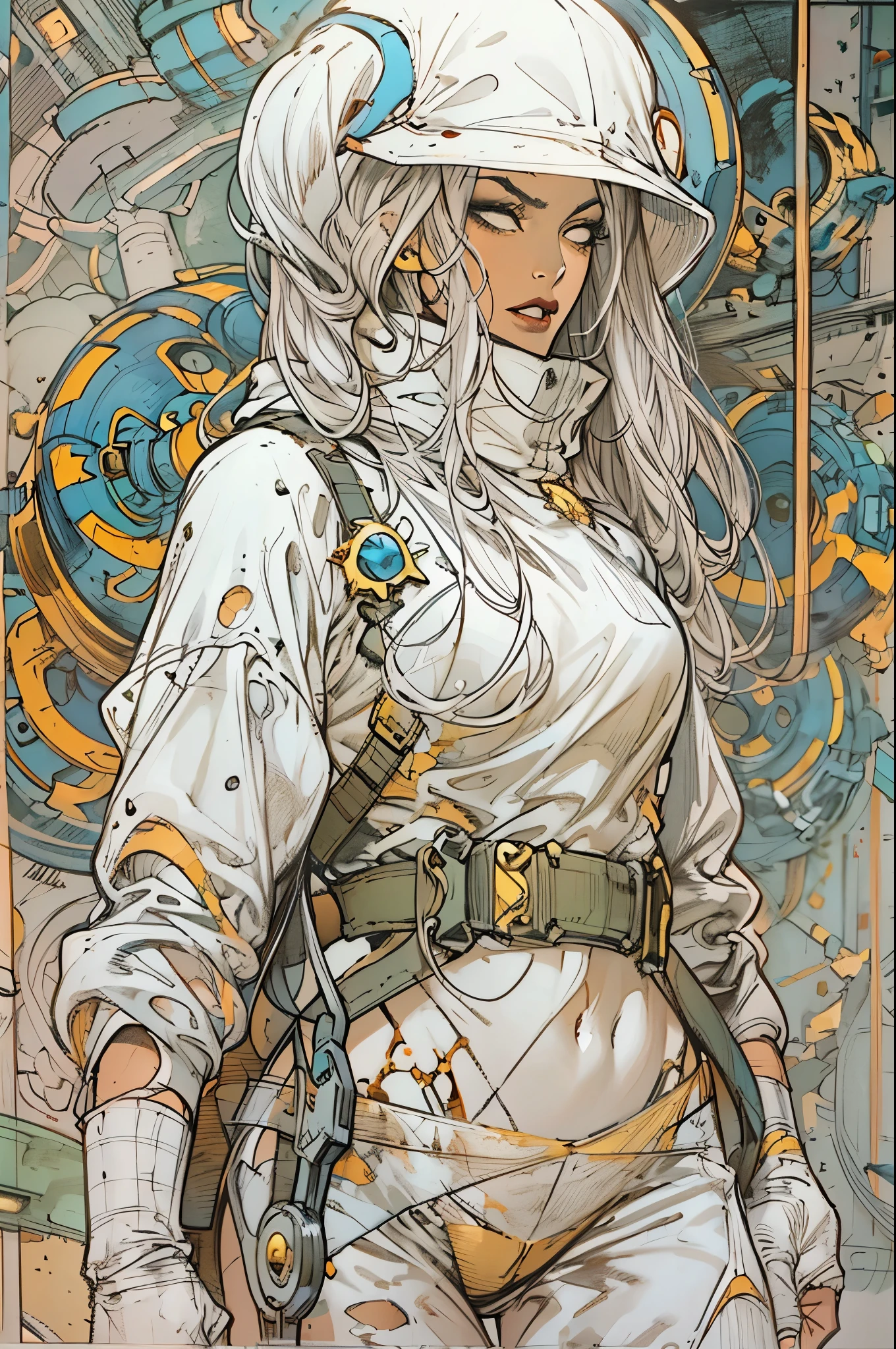 1 chica guerrera monje con ropa técnica blanca, pelo largo blanco, cordones, fondo abstracto de ciencia ficción vintage, Arte de Moebius, arte de Ashley Wood