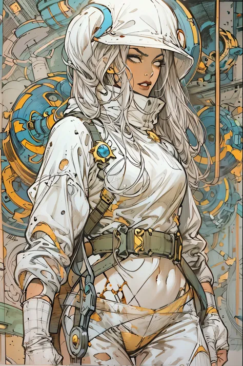 1monk warrior girl with white techwear clothes, white long hair, laces, abstract vintage scifi background, art by Moebius, art b...