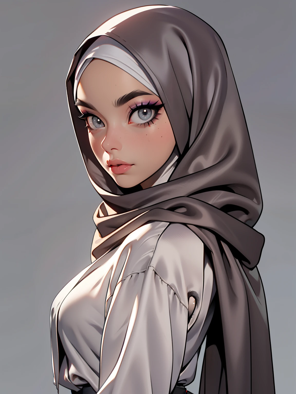 (Masterpiece, best quality) detailed, character sheet, ((a woman, beautifully makeup, eyeshadow, beautiful big eyes, long eye lashes, wearing (Taupe satin hijab), ((gray satin shirt)), satin long maxi skirt)), photography, detailed skin, realistic, photo-realistic, 8k, highly detailed, full length frame, High detail RAW color art, diffused soft lighting, shallow depth of field, sharp focus, hyperrealism, cinematic lighting, yokai illustration style, Aztec art, style artgerm, full of details. Standing Symmetric Centre, facing the viewer, gray background.