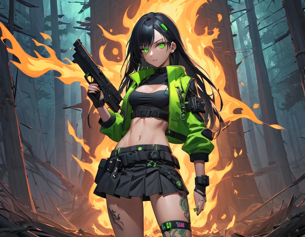 1 girl, solo, long_hair, bangs_between_the_eyes black_hair_with_shake_green, bi_color_
green_neon eyes, sexy_face, gun_in_hand, right_hand, cyberpunk_clothes, short_jacket, navel appears, short_skirt, scarred_legs, left_arm_band, tattoo_above_navel_background_of_abandoned_FOREST_EM_FLAMES, manga_style_image .
