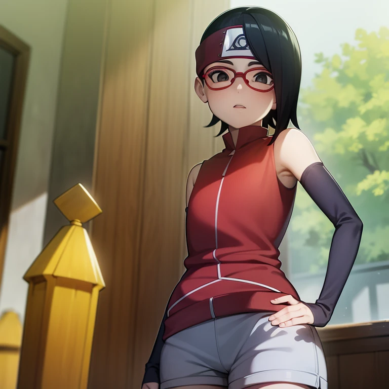 1 Mädchen,Darunter, Stehen, Sarada Uchiha, Tassen,schwarze Oberschenkel,Armstulpen, Kopfschutz, kurze Hose, kurzes Haar, kleine Brust, schwarze Augen, kleine Hüften, kleiner Arsch, Anime-Stofferfassung