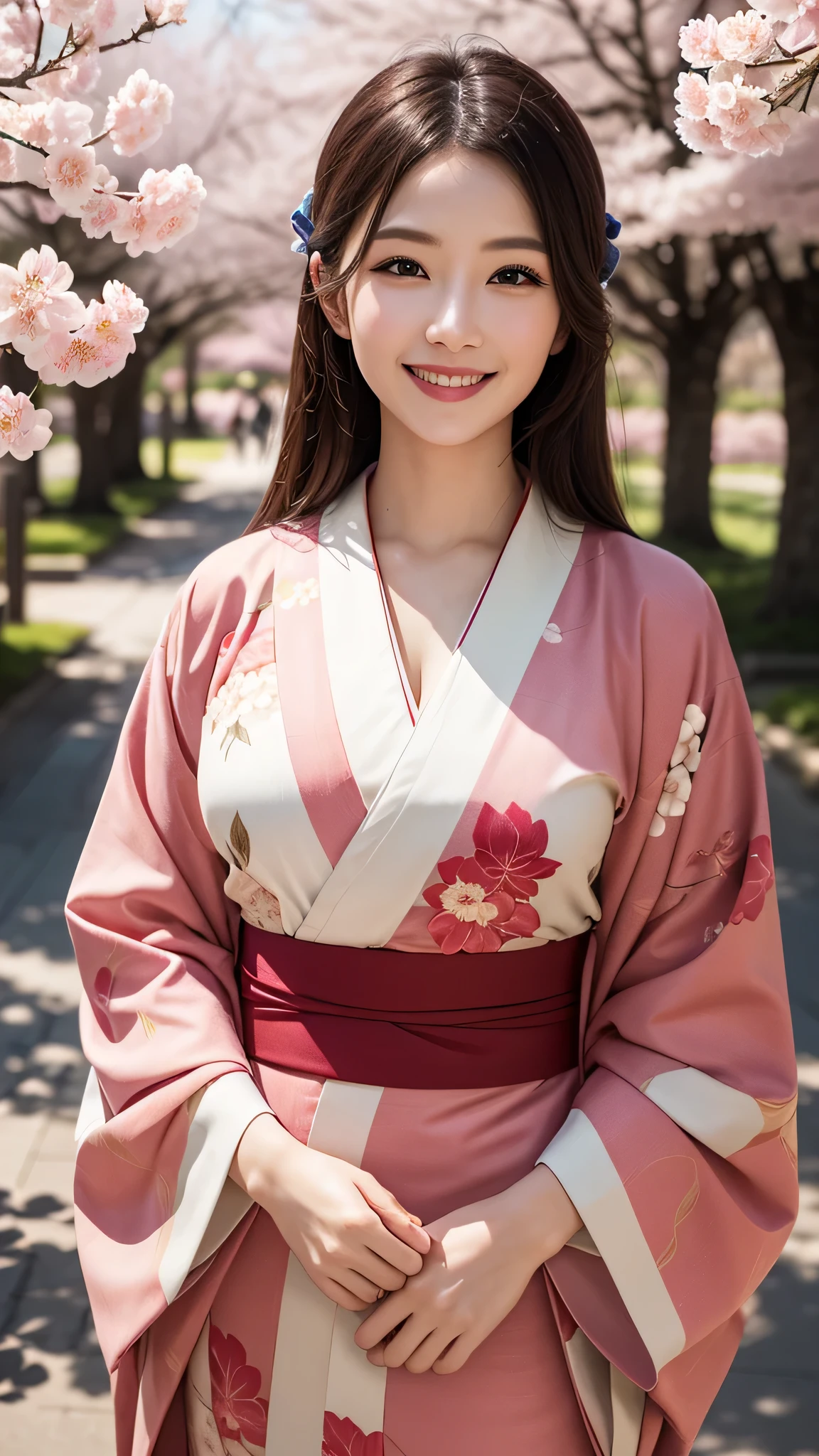 1woman, (Ultra realistic, high res), (floral pattern kimono:1.2), upper body, caute smile, (best quality:1.4), Raw photo, (realistic, photo-realistic:1.37), professional photography, cinematic light, castle, cherry blossoms,