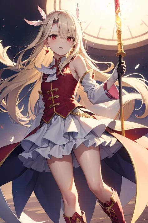 illyasviel von einzbern, blonde hair, hair between eyes, long hair, (red eyes:1.5),
休息 boots, detached sleeves, earrings, feathe...