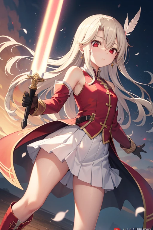 Illyasviel von Einzbern, blonde hair, hair between eyes, long hair, (red eyes:1.5),
休息 boots, Detached sleeves, earrings, feather hair accessories, feather, Gloves, hair accessories, jewelry, layered skirt, long sleeves, , miniskirt, pink footwear, pink shirt, pink sleeve, pleated skirt, shirt, skirt, sleeveless, sleeveless shirt, staff, boots, raise your legs, stamp, white feather, white Gloves, white skirt, absolute chance,Stand in the sky
(masterpiece:1.2), best quality, high resolution, unified 8k wallpaper, (illustration:0.8), (beautiful and delicate eyes:1.6), extremely detailed face, perfect lighting, Extremely detailed CG, (perfect hands, perfect anatomy),time array，Holding the lightsaber tightly，time domain，fortune god，The Supreme Power of the King，Hero King，Sword of Oath Victory