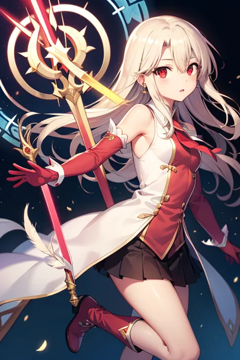 illyasviel von einzbern, blonde hair, hair between eyes, long hair, (red eyes:1.5),
休息 boots, detached sleeves, earrings, feathe...