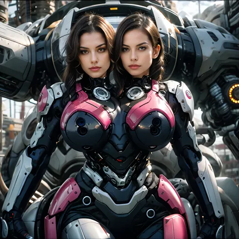 best resolution, 2heads, cyborg woman with two heads, pigtails hair, pink robot body, mechanical background