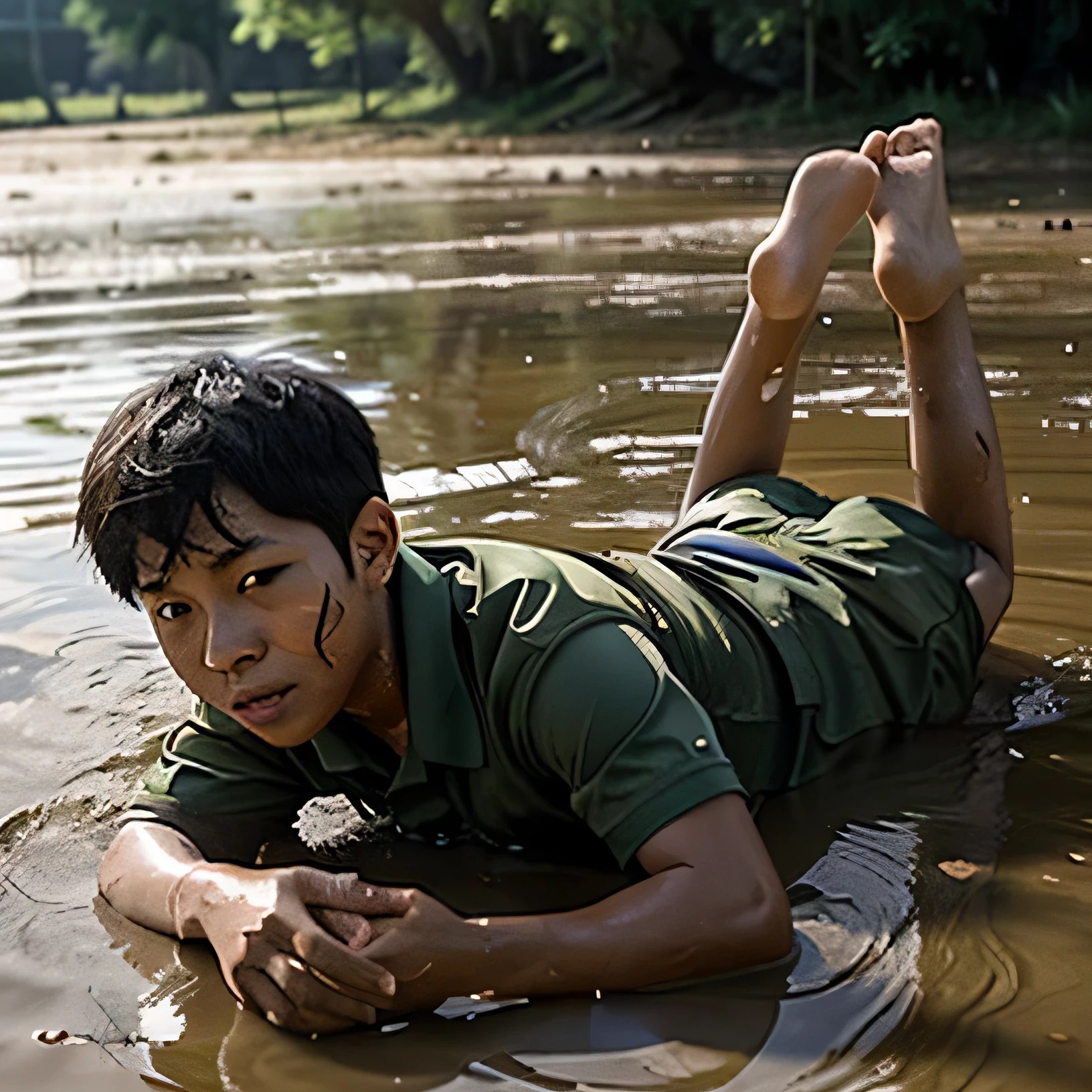 Boy laying in the water with his feet in the water - SeaArt AI