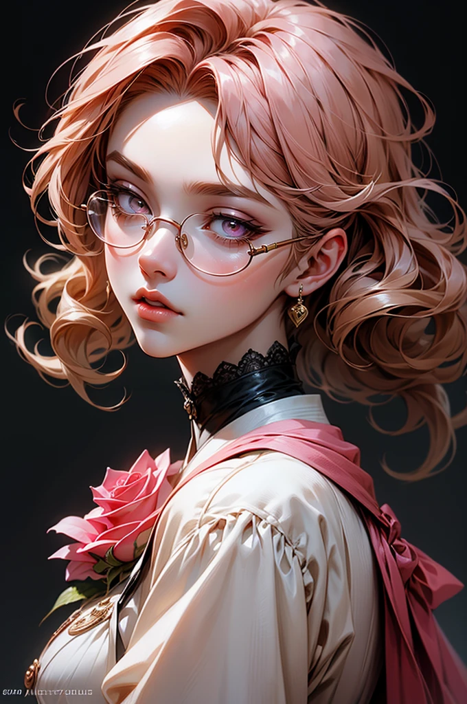 Anime girl tuxedo with curly rose gold hair and round gold glasses, rose gold eyes. Guviz style art, attractive detailed art style, Charlie Bowater Style, 1 7 - year - old cute anime girl, detailed manga style, detailed anime character art, germ of art. High detail, stunning manga art style. Rose dress. (pink dress) . Wearing rose gold Victorian clothing.