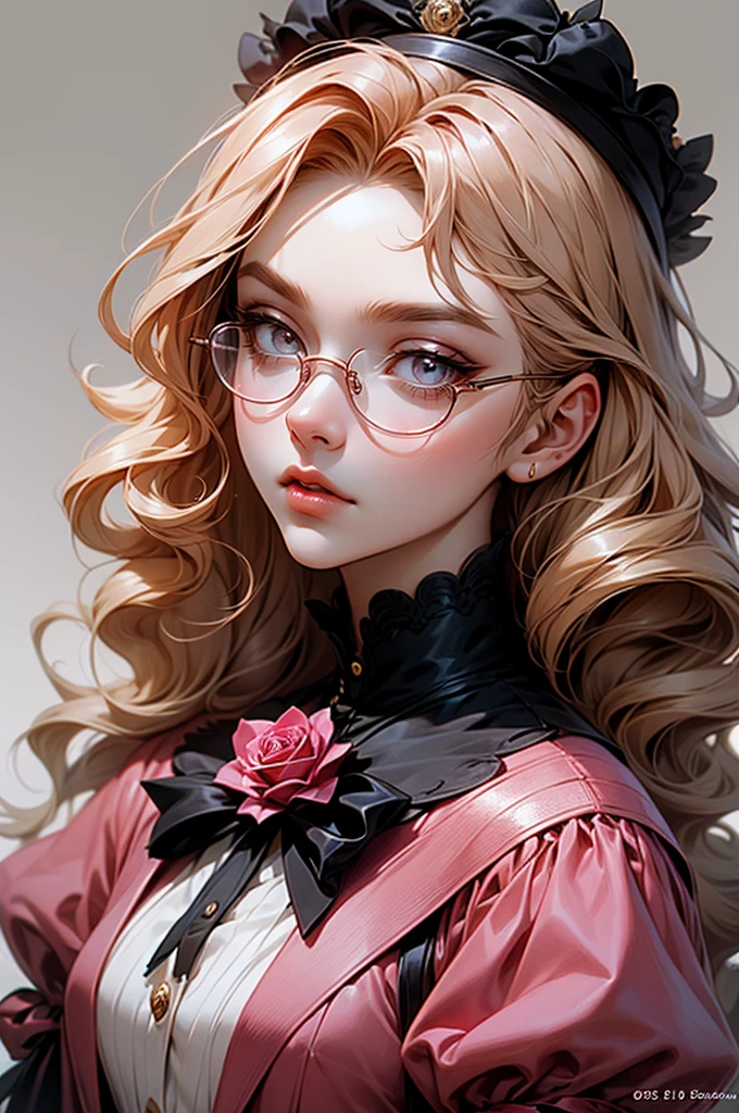 Anime girl tuxedo with curly rose gold hair and round gold glasses, rose gold eyes. Guviz style art, attractive detailed art style, Charlie Bowater Style, 1 7 - year - old cute anime girl, detailed manga style, detailed anime character art, germ of art. High detail, stunning manga art style. Rose dress. (pink dress) . Wearing rose gold Victorian clothing.