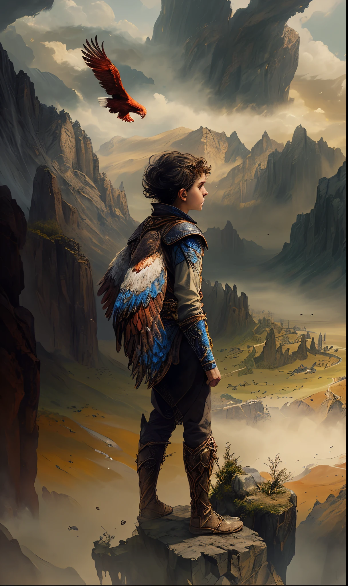 painting of a young boy looking at a red eagle flying over a valley, epic fantasy novel cover art, fantasy book cover painting, fantasy book cover, young adult fantasy novel cover, novel cover art for a book, andrews esao artstyle, cover game art, !!!esao andrews!!!, style of esao andrews, board game cover art, game art