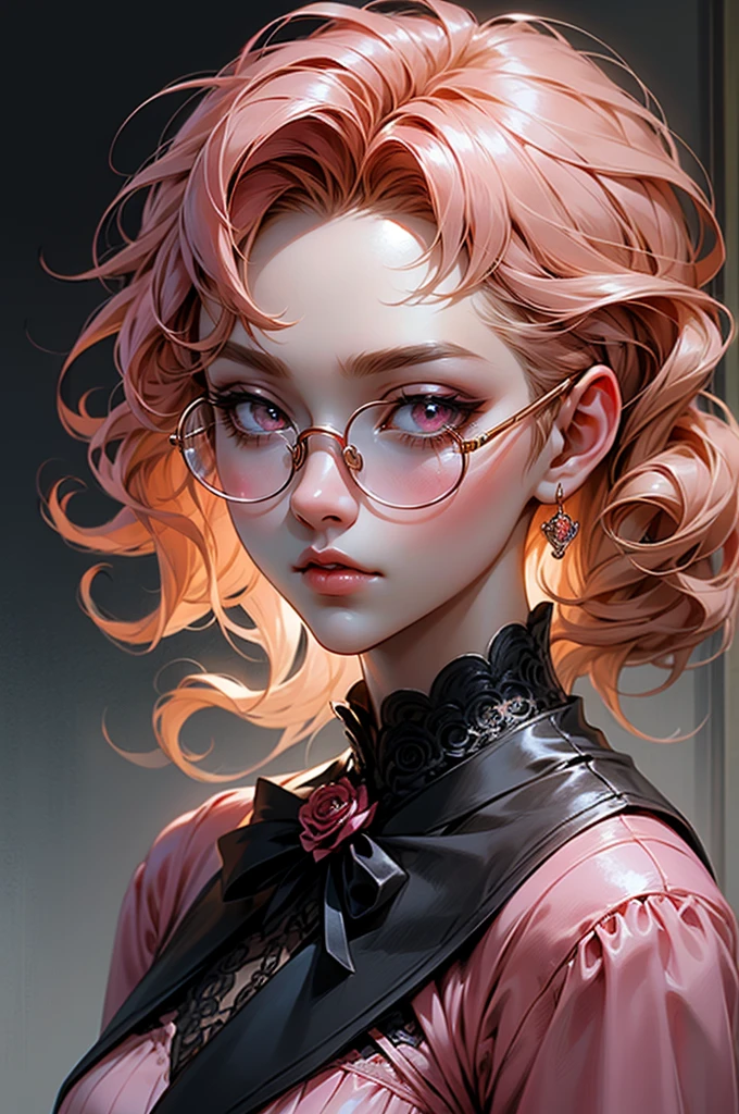 Anime girl tuxedo with curly rose gold hair and round gold glasses, rose gold eyes. Guviz style art, attractive detailed art style, Charlie Bowater Style, 1 7 - year - old cute anime girl, detailed manga style, detailed anime character art, germ of art. High detail, stunning manga art style. Rose dress. (pink dress) . Wearing rose gold Victorian clothing.