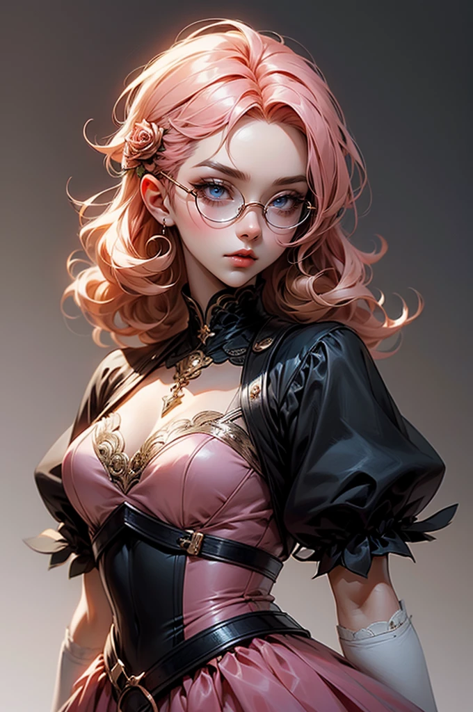 Anime girl tuxedo with curly rose gold hair and round gold glasses, rose gold eyes. Guviz style art, attractive detailed art style, Charlie Bowater Style, 1 7 - year - old cute anime girl, detailed manga style, detailed anime character art, germ of art. High detail, stunning manga art style. Rose dress. (pink dress) . Wearing rose gold Victorian clothing.