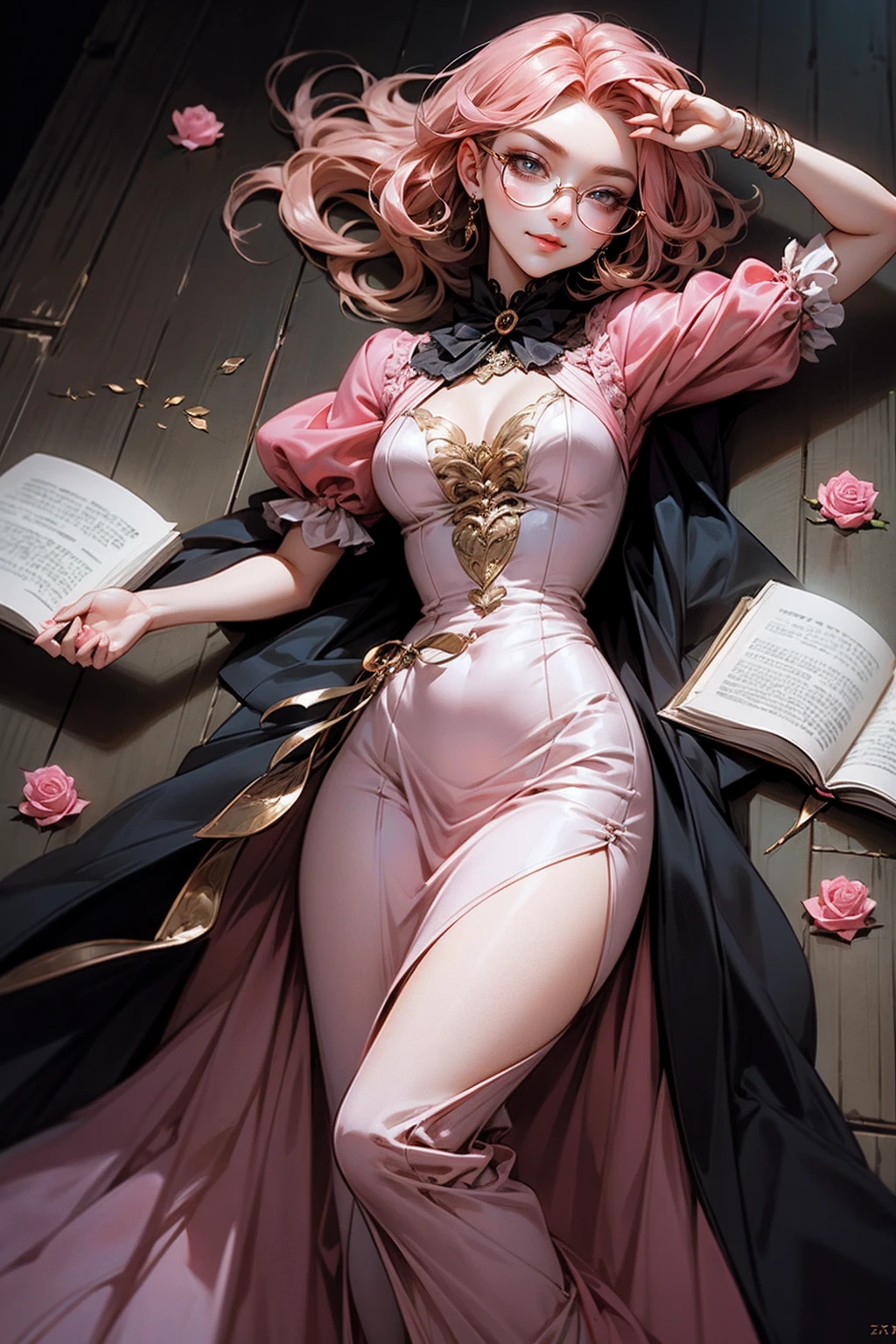 Anime girl tuxedo with curly rose gold hair and round gold glasses, rose gold eyes. Guviz style art, attractive detailed art style, Charlie Bowater Style, 1 7 - year - old cute anime girl, detailed manga style, detailed anime character art, germ of art. High detail, stunning manga art style. Rose dress. (pink dress) . Wearing rose gold Victorian clothing.