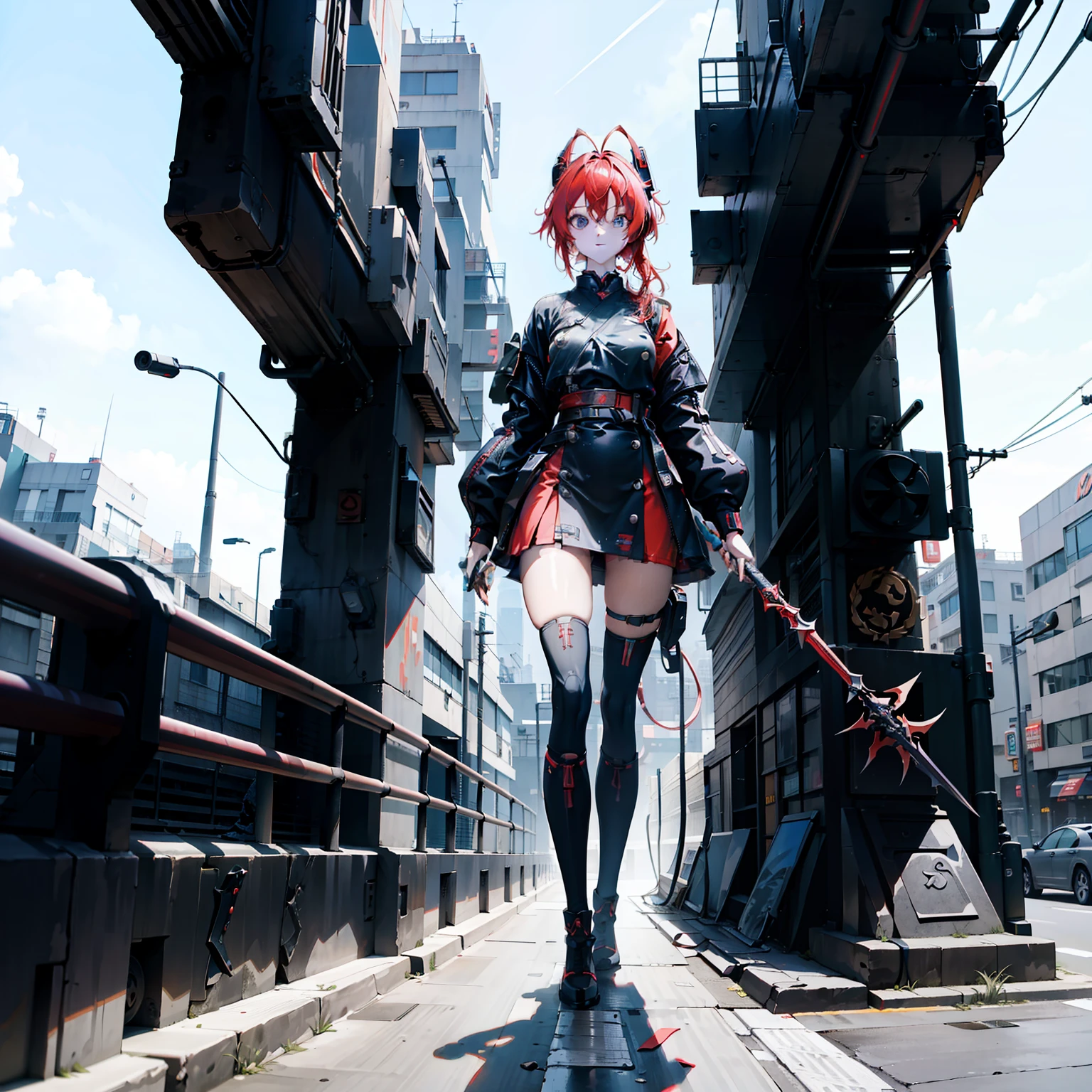 (table top), (Perfect athlete body:1.2), anime style, whole body, Cyberpunk Ninja Girl, Red Japan Devil, Wearing street fashion. Wielding a long spear, Standing in the wasteland, Wear high-tech boots, white background, whole body,