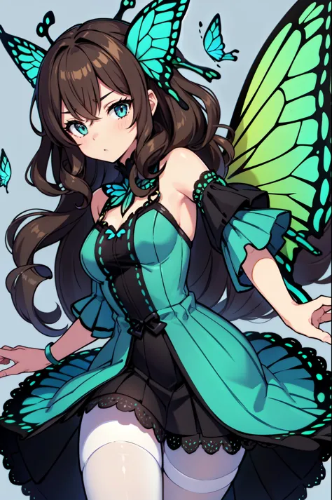 1girl, (butterfly ears:1.1), (caramel brown hair), ((((curly hair)))), (very long hair), (hair covering eye), (grey eyes), (dynamic pose), (colorful idol costume), ((lacy skirt)), (white and black argyle pantyhose), (butterfly wings:1.3), (dynamic angle), ...