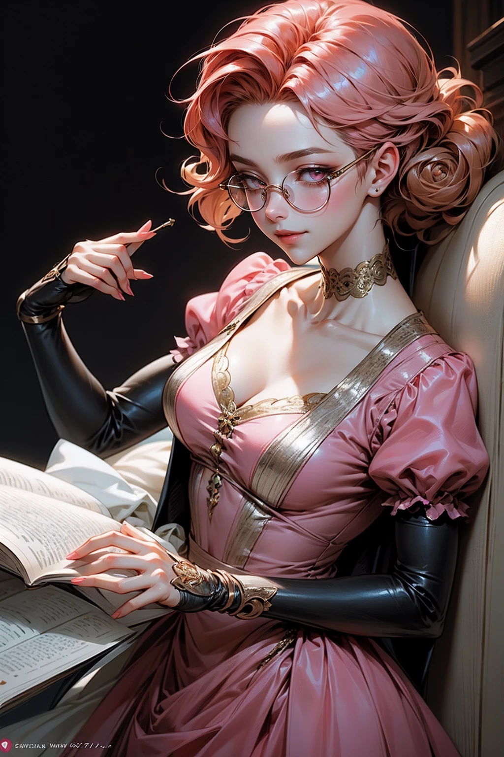 Anime girl tuxedo with curly rose gold hair and round gold glasses, rose gold eyes. Guviz style art, attractive detailed art style, Charlie Bowater Style, 1 7 - year - old cute anime girl, detailed manga style, detailed anime character art, germ of art. High detail, stunning manga art style. Rose dress. (pink dress) . Wearing rose gold Victorian clothing.