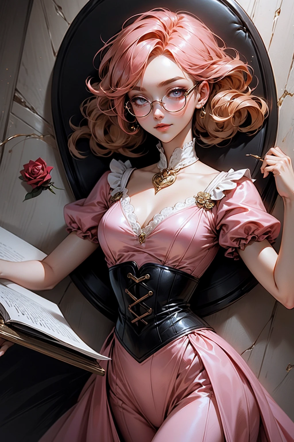 Anime girl tuxedo with curly rose gold hair and round gold glasses, rose gold eyes. Guviz style art, attractive detailed art style, Charlie Bowater Style, 1 7 - year - old cute anime girl, detailed manga style, detailed anime character art, germ of art. High detail, stunning manga art style. Rose dress. (pink dress) . Wearing rose gold Victorian clothing.