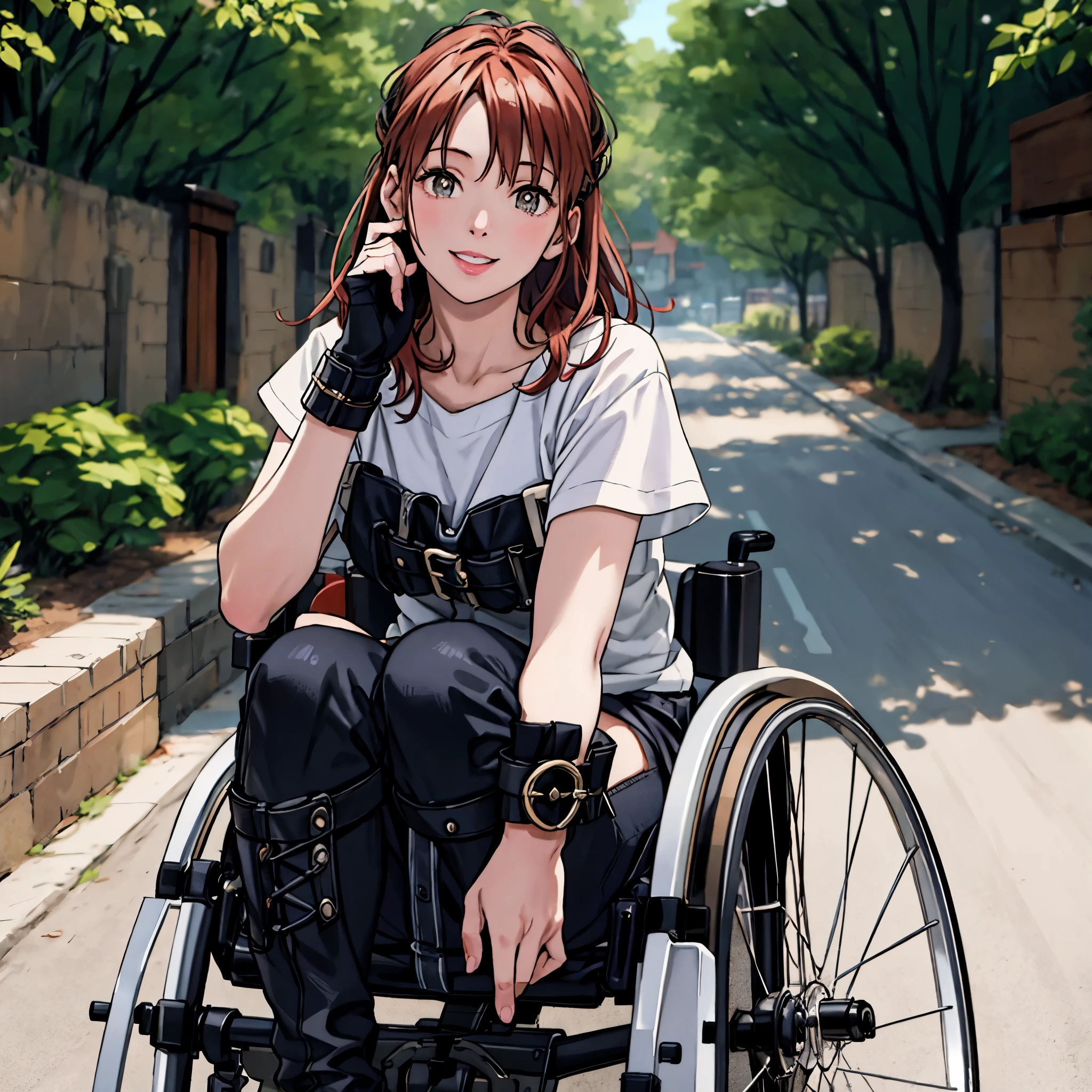 (best quality,4k,8k,highres,masterpiece:1.2),ultra-detailed,(realistic,photorealistic,photo-realistic:1.37),riding in wheelchair,vibrant colors,energetic atmosphere,happy and relaxed scene,joyful expressions,blissful smiles,happy and vibrant ambiance,warm and lively,positive and uplifting,cheerful and vibrant composition,full of vivid colors,warm lighting,cozy atmosphere,soft lighting,bright and luminous scene,subtle ambiance,warm color tones.