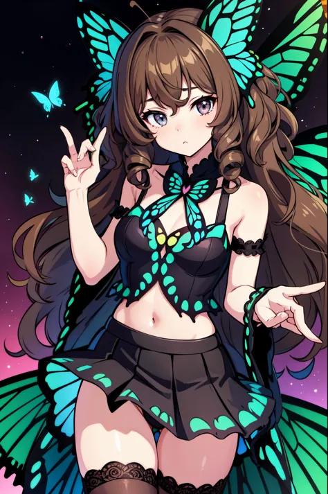 1girl, (butterfly ears:1.1), (caramel brown hair), ((((curly hair)))), (very long hair), (hair covering eye), ((dark grey eyes)), (dynamic pose), (colorful idol costume), ((lacy skirt)), (white and black argyle pantyhose), (butterfly wings:1.3), (dynamic a...