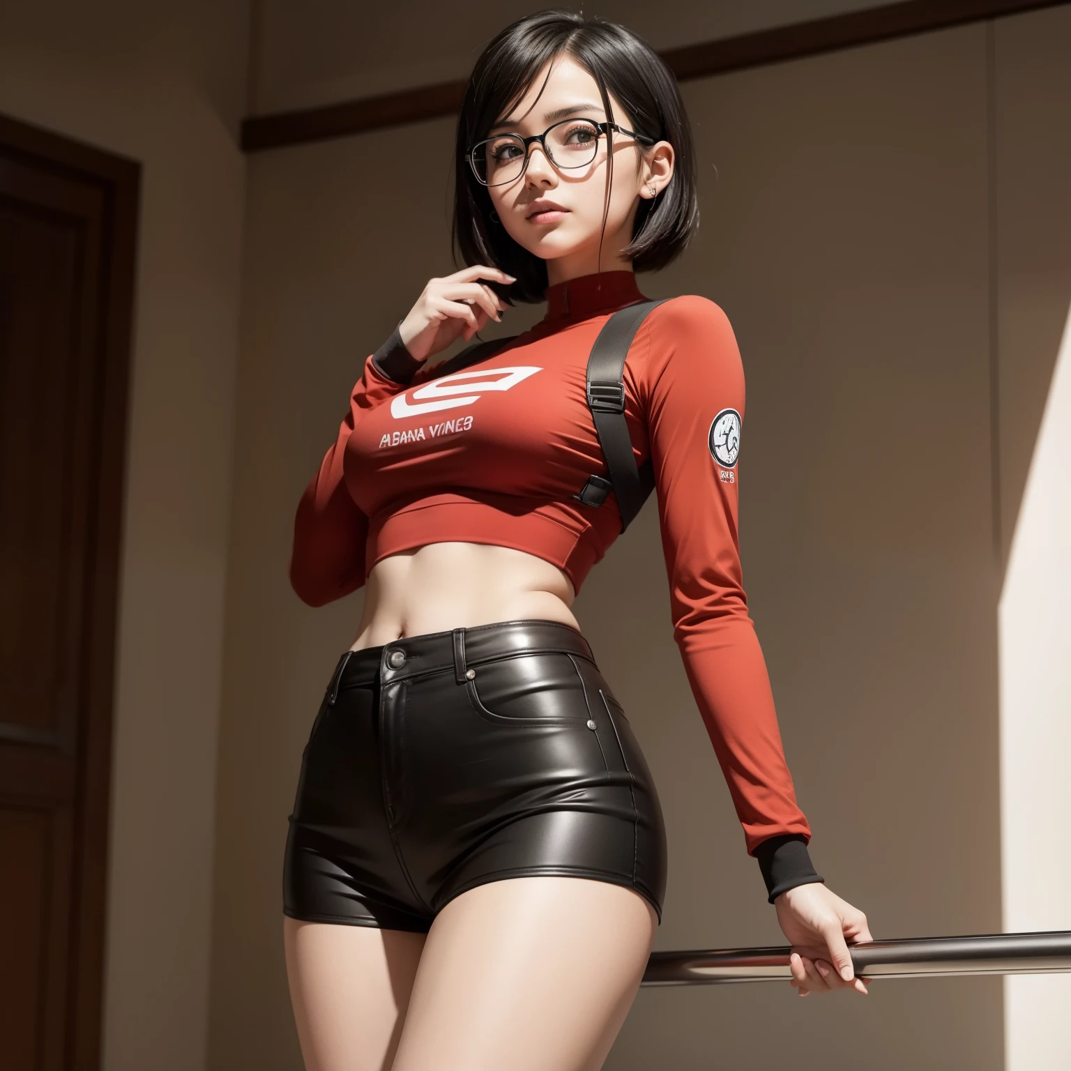 1 girl, from low, standing, beautiful Sarada Uchiha, 18 years old, Cups, black thighighs, arm warmers, forehead protector, shorts, shorth hair, large breasted, Black eyes wearing glasses, small hips, big-ass, capture anime screenshot, Sarada is 18 years old, mature appearance