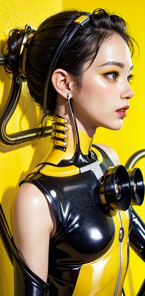 profile Photography, in front of a yellow wall, an asian cyborg woman head without body, connected by cables, twisted cables and wires and LED, atractive eyes body punk PLC Robots with silver motor head, with ray guns, 80 degree view, art by Sergio Lopez, Natalie Shau, James Jean and Salvador Dali, (yellow background:1.5)