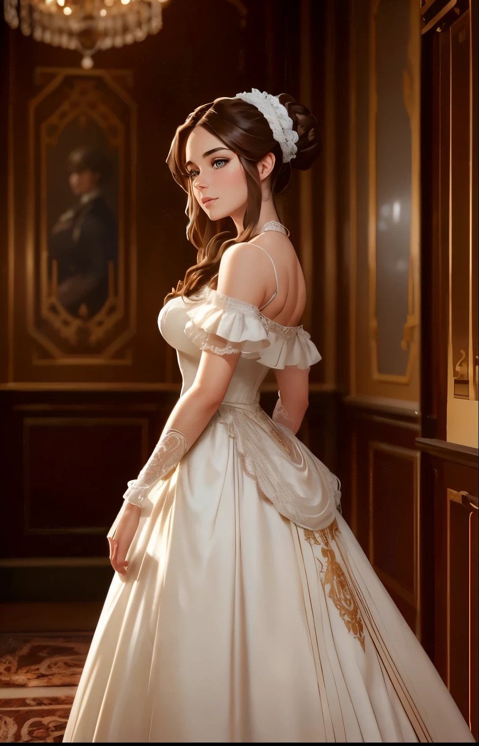 Full body image, brown hair, blue eyes, ana de armas, hair with many details, coy smile, 8k, fanart best artstation, render photorealistic girl, art in the style of guweiz, inspired by WLOP, ig model | artgerm, deviantart artstation cgscosiety, At a party in a ballroom, in a mansion in regency era London, a beautiful victorian woman, middle-aged woman, ana de armas, wearing a modest victorian ball gown, white skin, victorian gown, ball gown updo hair, brown hair, extremely detailed blue eyes, detailed symmetric realistic face, extremely detailed natural skin texture, masterpiece, absurdres, nikon d850 film stock photograph, kodak portra 400 camera f1.6 lens, extremely detailed, amazing, fine detail, rich colors, hyper realistic lifelike texture, dramatic lighting, cinestill 800 tungsten, raw photo, high quality, highres, sharp focus, extremely detailed, cinematic lighting, 8k uhd, full body image