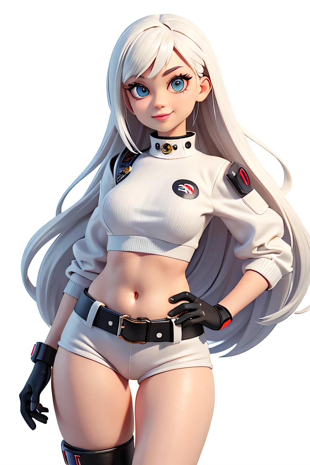 one,8k highly detailed, casual games, , 3D art style, Half body photo,White background,big eyes,Lovely,Model posing,mature woman,solid color background,long hair,Smile,(((White background))),((Cyberpunk clothing)),Punk clothes,cyberpunk style,Show belly,face shot,White long hair