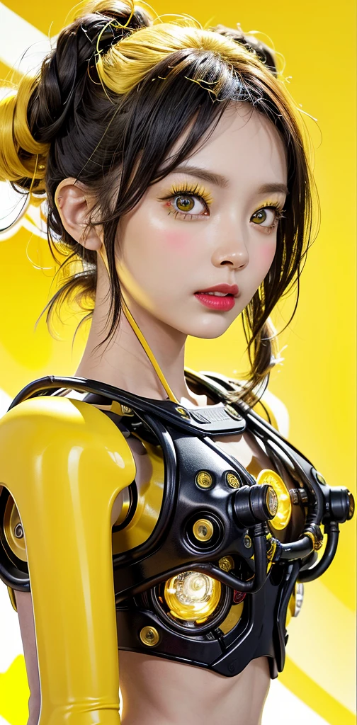 FRONT VIEW PHOTOFRAPHY, in front of a yellow wall, an asian cyborg woman head without body, connected by cables, twisted cables and wires and LED, atractive eyes body punk PLC Robots with silver motor head, with ray guns, 80 degree view, art by Sergio Lopez, Natalie Shau, James Jean and Salvador Dali, (yellow background:1.5)