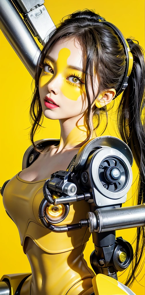 FRONT VIEW PHOTOFRAPHY, in front of a yellow wall, an asian cyborg woman head without body, connected by cables, twisted cables and wires and LED, atractive eyes body punk PLC Robots with silver motor head, with ray guns, 80 degree view, art by Sergio Lopez, Natalie Shau, James Jean and Salvador Dali, (yellow background:1.5)