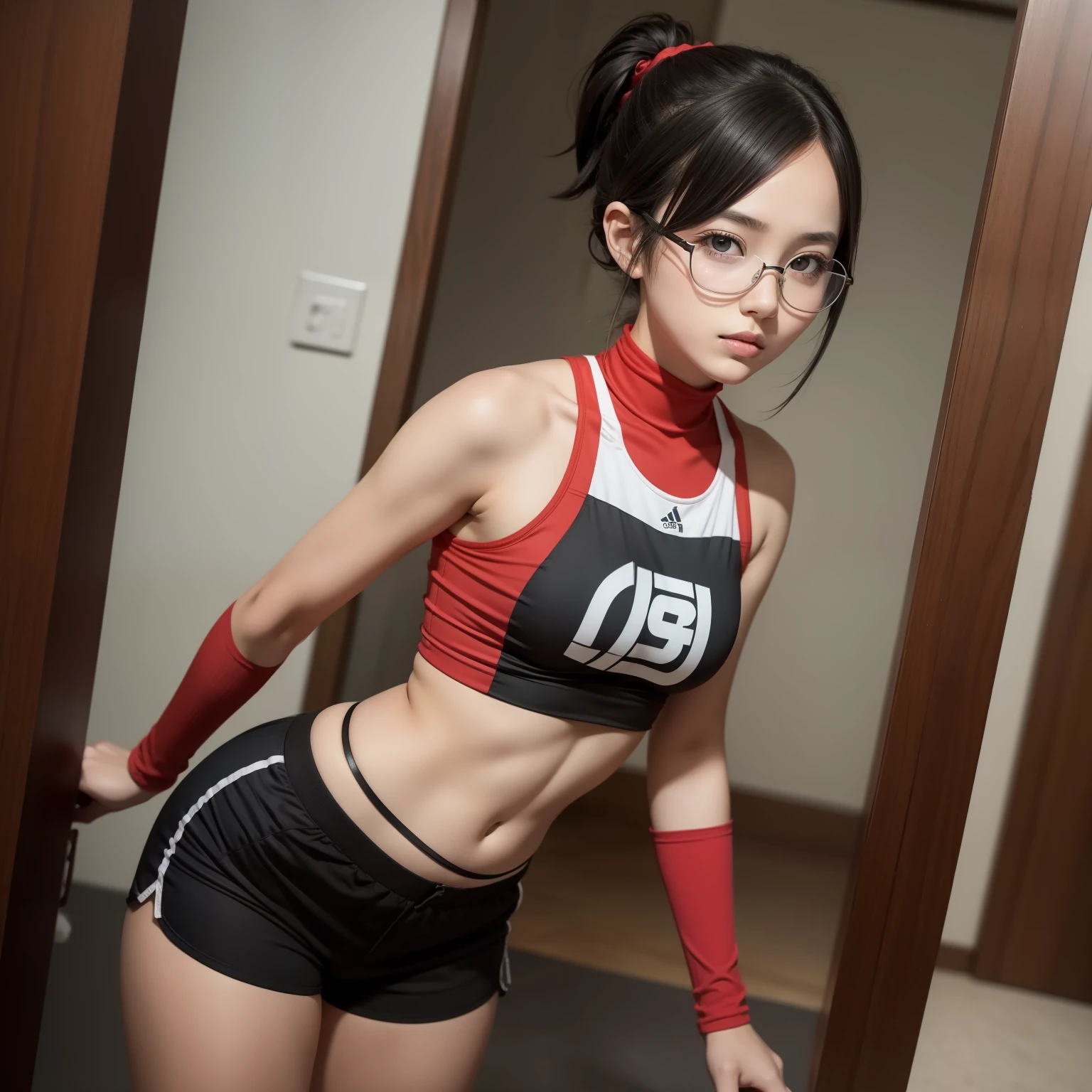 1 girl, from below, standing, beautiful Sarada Uchiha, 18 years old, Cups, Black thighs, arm warmers, forehead protector, shorts, short hair, big chest, black eyes wearing glasses, small hips, big ass, capture anime screen, Sarada is 18 years old, mature appearance