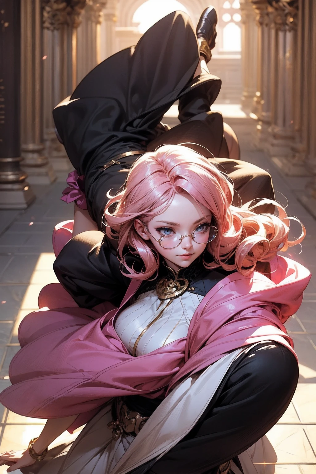 Anime girl tuxedo with curly rose gold hair and round gold glasses, rose gold eyes. Guviz style art, attractive detailed art style, Charlie Bowater Style, 1 7 - year - old cute anime girl, detailed manga style, detailed anime character art, germ of art. High detail, stunning manga art style. Rose dress. (pink dress) . Wearing rose gold Victorian clothing.