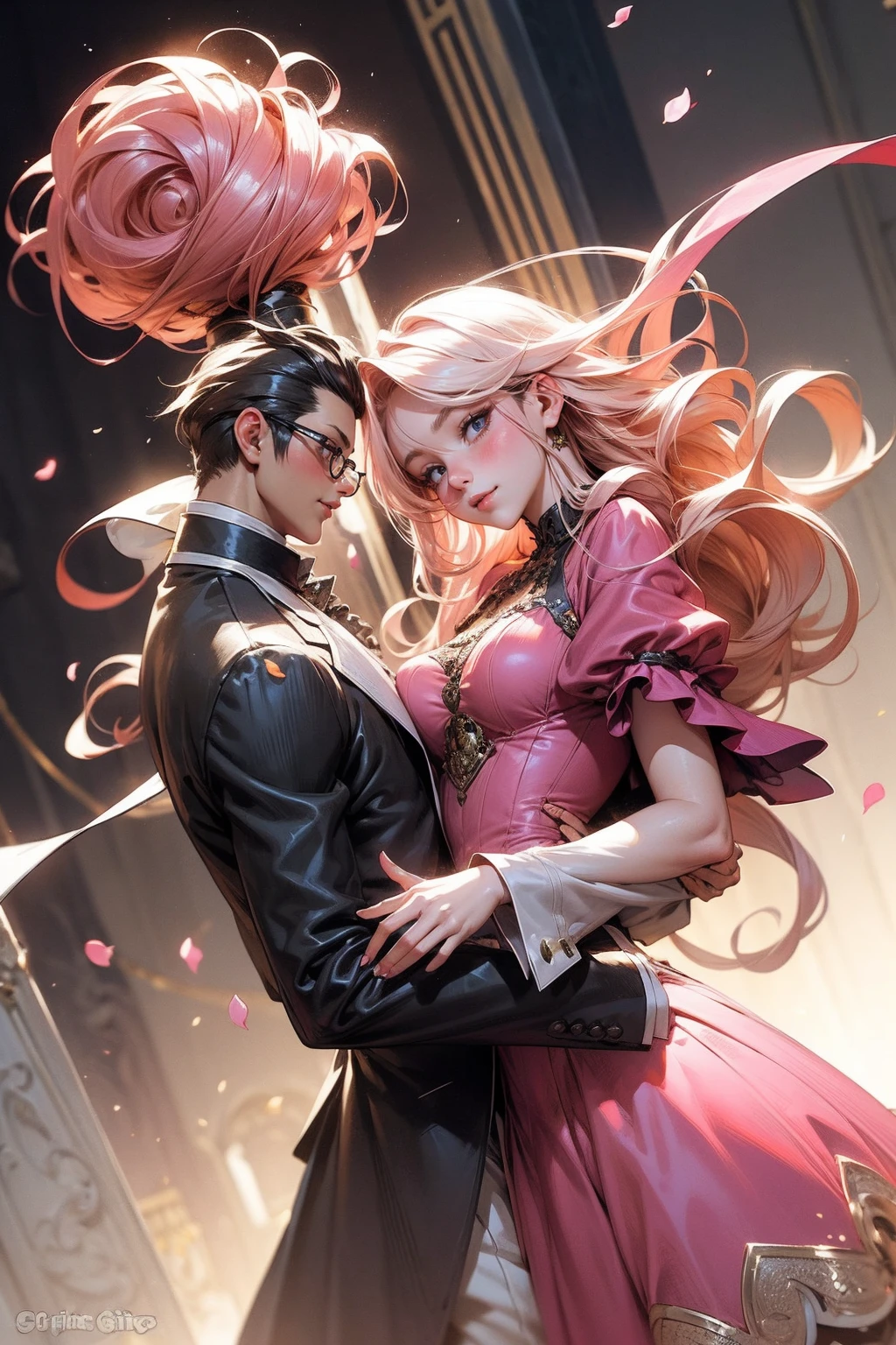 Anime girl tuxedo with curly rose gold hair and round gold glasses, rose gold eyes. Guviz style art, attractive detailed art style, Charlie Bowater Style, 1 7 - year - old cute anime girl, detailed manga style, detailed anime character art, germ of art. High detail, stunning manga art style. Rose dress. (pink dress) . Wearing rose gold Victorian clothing.