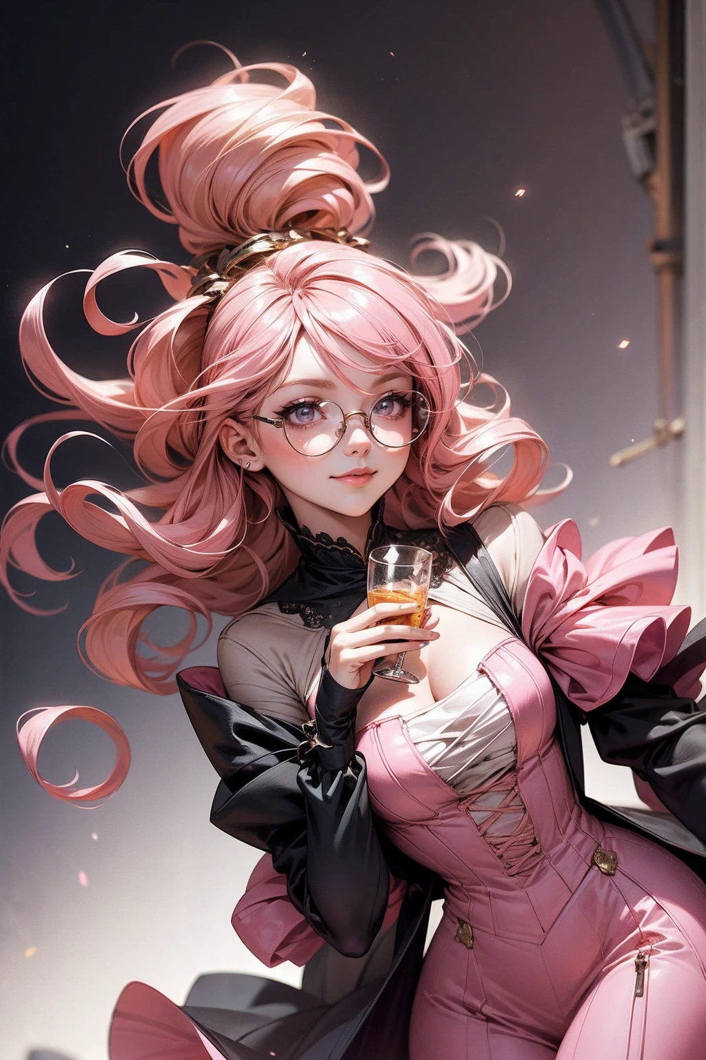 Anime girl tuxedo with curly rose gold hair and round gold glasses, rose gold eyes. Guviz style art, attractive detailed art style, Charlie Bowater Style, 1 7 - year - old cute anime girl, detailed manga style, detailed anime character art, germ of art. High detail, stunning manga art style. Rose dress. (pink dress) . Wearing rose gold Victorian clothing.