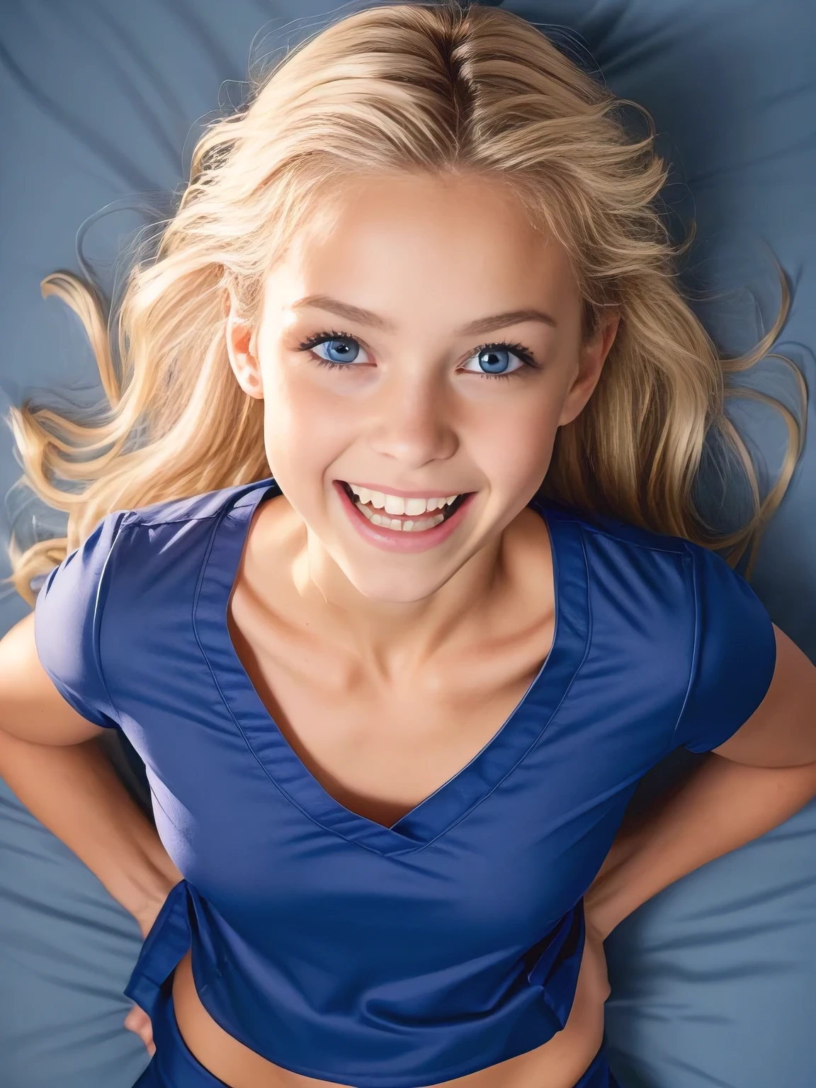 A close up of a young girl laying on a bed with a blue shirt - SeaArt AI