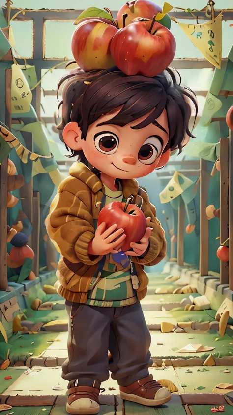 a cute little boy，Hands holding red apples，front view, Pixar style, best quality, stills, very cute, big eyes, happy，very cute,