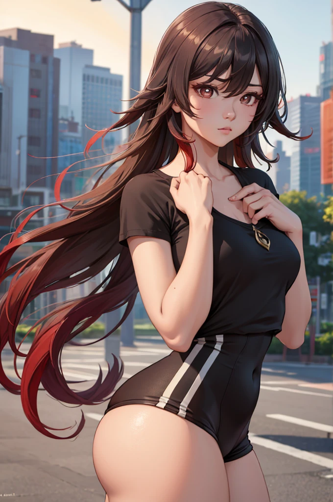 Hu tao, casual wear, skin tight outfit, chest, star pupil, 1girl, thick thighs, long hair, short sleeve, bare shoulders, shorts, butt, city background, realistic, best quality, masterpiece, ultra detail, ultra high res, extreme detail, 8k