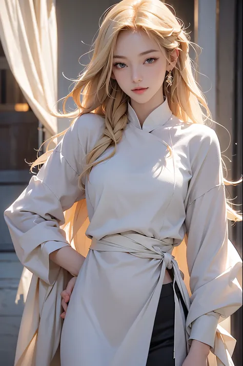 "Ayaka, a tall and slender woman, embodying elegance, with long, blonde hair flowing down her back, her striking facial features including high cheekbones, almond-shaped eyes, and a well-defined jawline, impeccably dressed reflecting her refined fashion se...