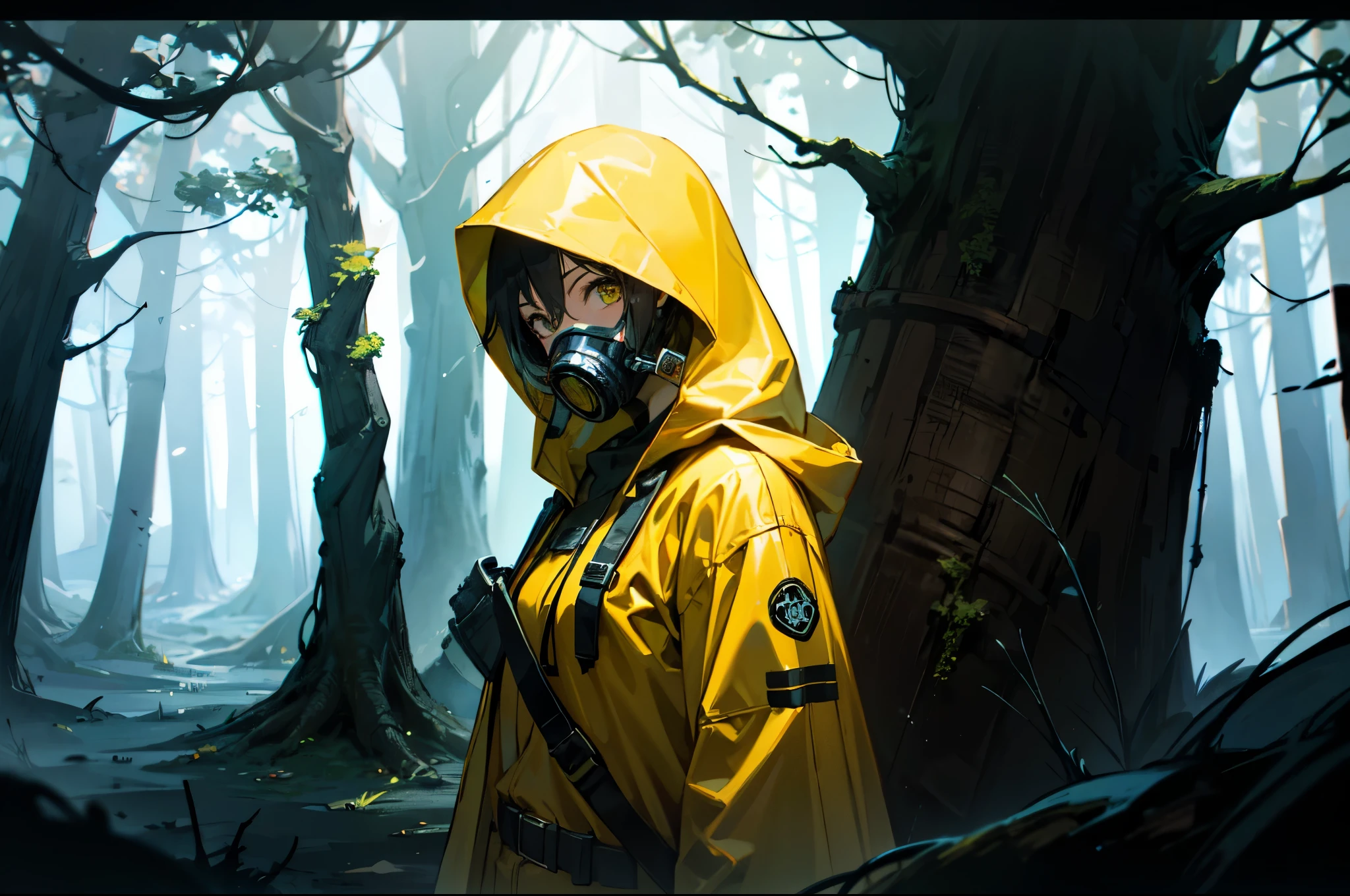 (Obra maestra), mejor calidad, 1 chica, girl in a yellow impermeable entering a fantasy village surrounded by a dark spooky forest, gas Mascarilla, capucha, capucha up, capuchaed Chaqueta, Chaqueta, mirando al espectador, Mascarilla, impermeable, Realista, solo, parte superior del cuerpo, yellow Chaqueta, yellow impermeable, son hechos, fanfo, iluminación sutil