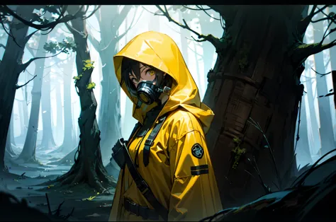 (masterpiece), best quality, 1girl, girl in a yellow raincoat entering a fantasy village surrounded by a dark spooky forest, gas...