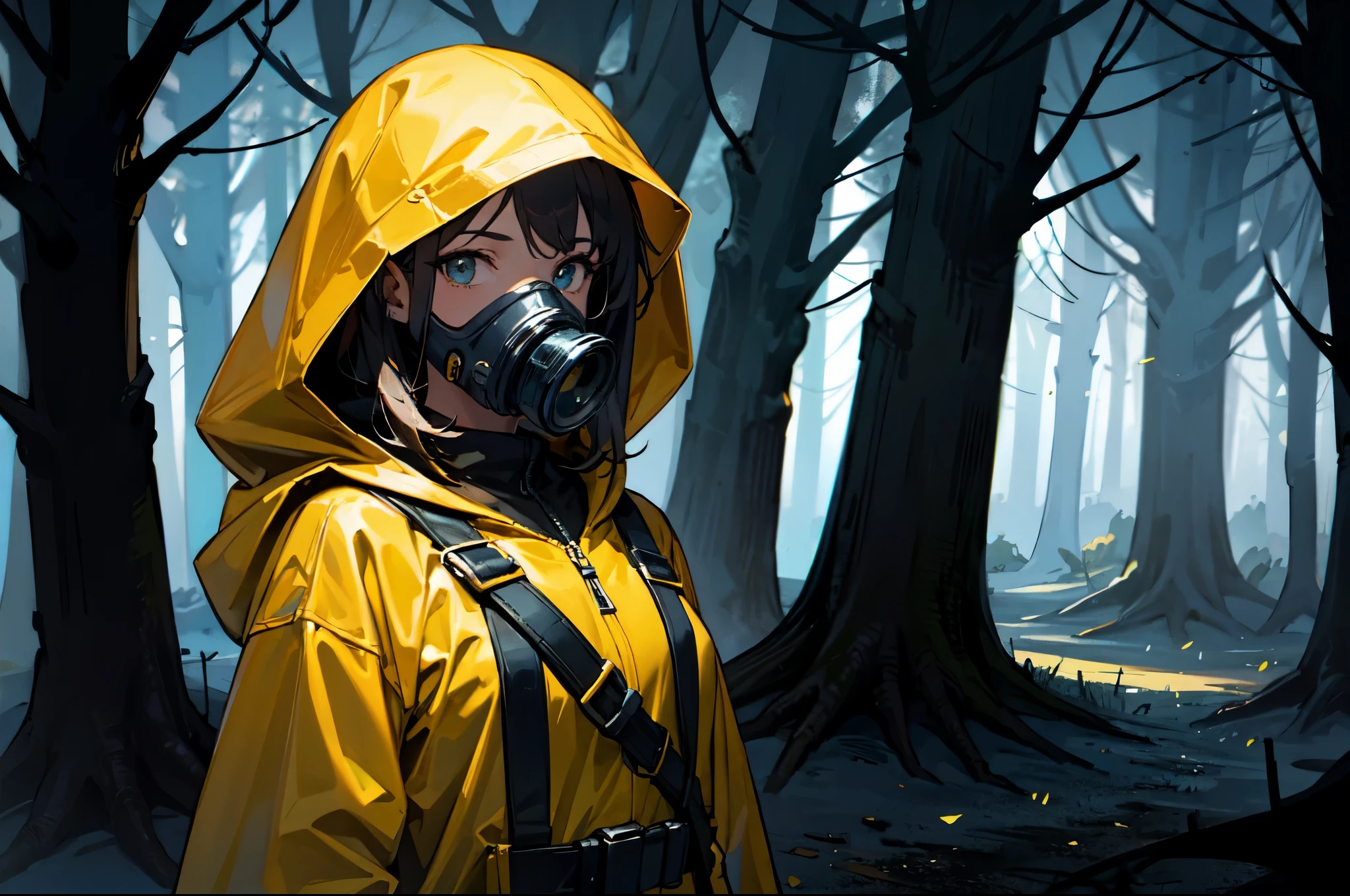 (chef-d&#39;œuvre), meilleure qualité, 1fille, girl in a yellow imperméable entering a fantasy village surrounded by a dark spooky forest, gas masque, capot, capot up, capoted veste, veste, regarder le spectateur, masque, imperméable, réaliste, seulement, haut du corps, yellow veste, yellow imperméable, FanSe, Ventilateur, éclairage subtil